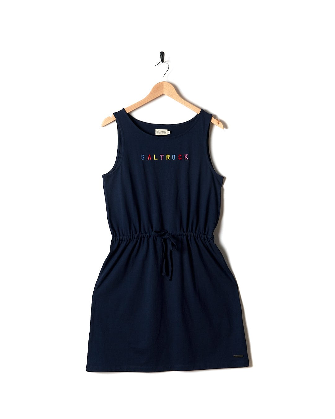 A Flax - Womens Tie Vest Dress - Blue with multicolored letters on it by Saltrock.