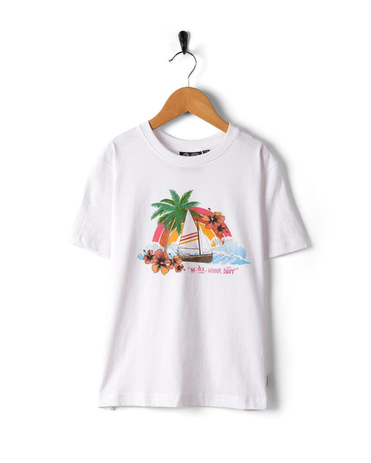 A Floral Lost Ships - Kids Short Sleeve T-Shirt - White - SS24 by Saltrock with a tropical beach graphic hanging on a black hanger against a white background.