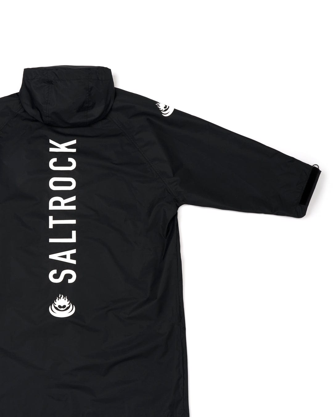 Black 3 in 1 Recycled Four Seasons Changing Robe with "Saltrock" logo and a small wave icon on the chest, displayed flat on a white background.