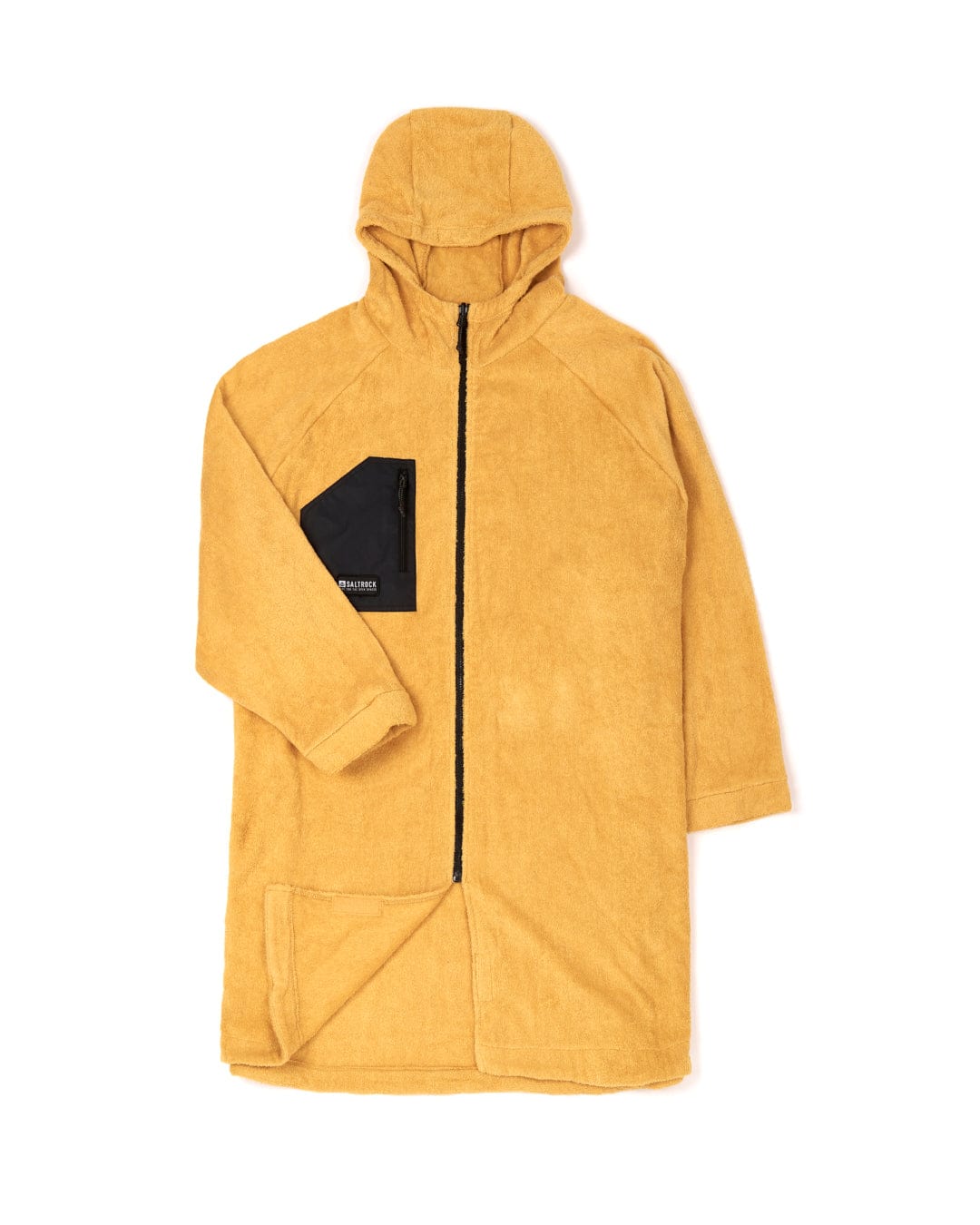 Yellow fleece jacket with a hood, full-length zipper, and front pocket, crafted from recycled material, displayed flat on a white background - Saltrock's 3 in 1 Recycled Four Seasons Changing Robe - Black/Yellow.