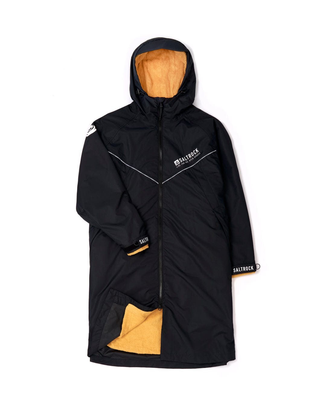 Saltrock black waterproof jacket with a hood and yellow towelling lining, displayed flat against a white background. Brand logos on the chest and sleeve.