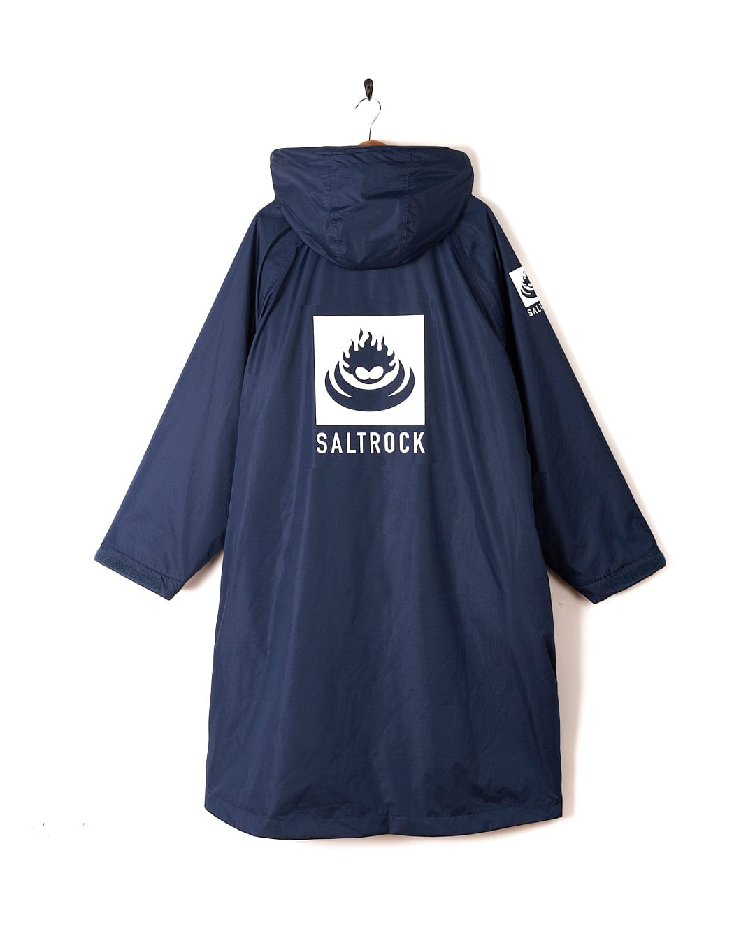 A Four Seasons - Waterproof Changing Robe - Blue with a Saltrock logo on it.