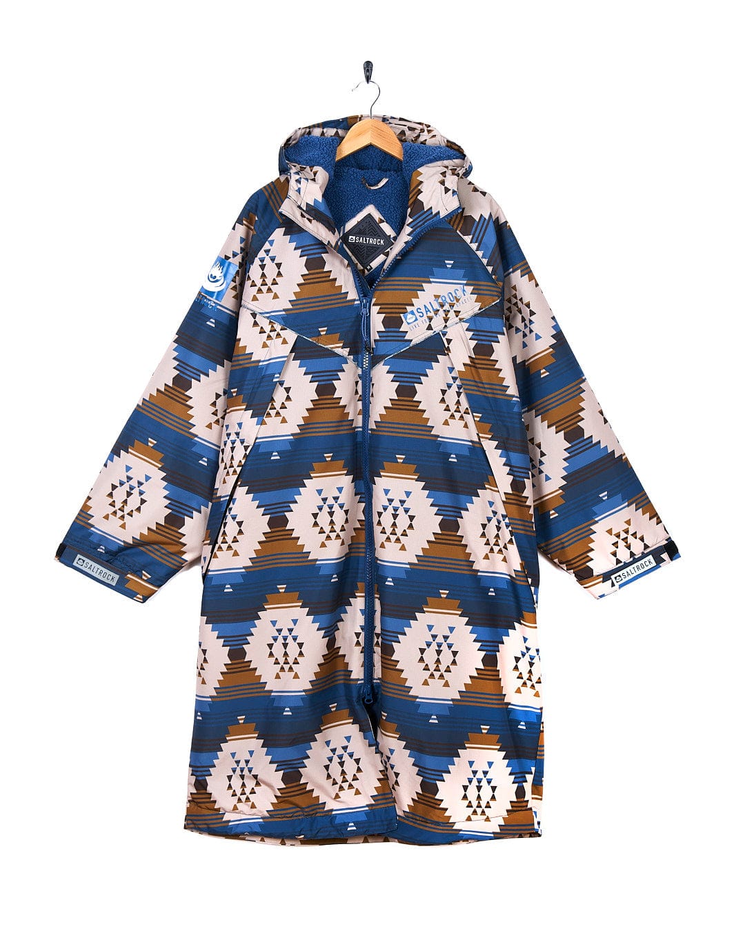 A blue and brown hooded Four Seasons Changing Robe - Aztec with an aztec pattern made by Saltrock.