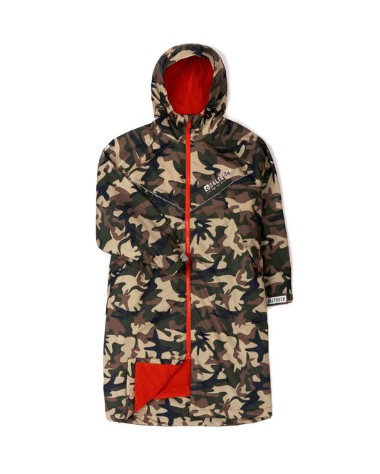 Camouflage print changing robe with hood and red accents on a white background, made of recycled material. - Recycled Four Seasons Changing Robe - Brown Camo by Saltrock