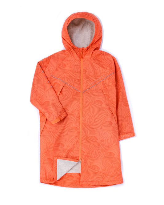 An orange children's raincoat, the Recycled Four Seasons Changing Robe in Light Orange by Saltrock, made from 3K waterproof ripstop material, with hood and patterned design, displayed against a white background.
