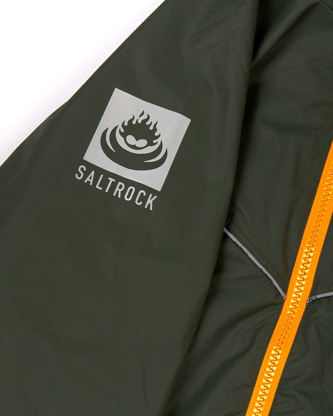Green Recycled Four Seasons Changing Robe with Saltrock logo, orange zipper detail, and fleece lining.