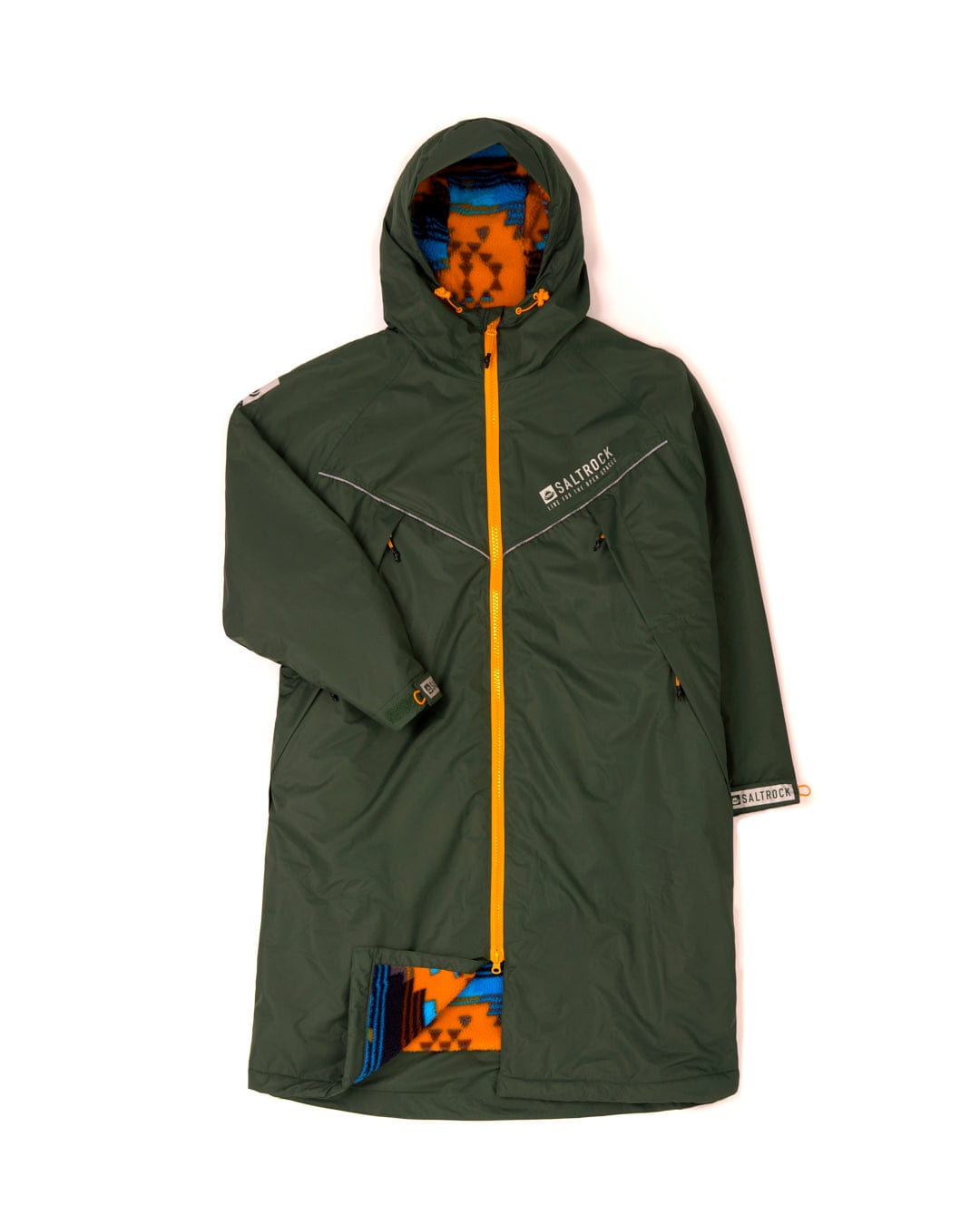 Recycled Saltrock Four Seasons Changing Robe- Olive green with contrasting orange details, brand logo on white background, and fleece lining.