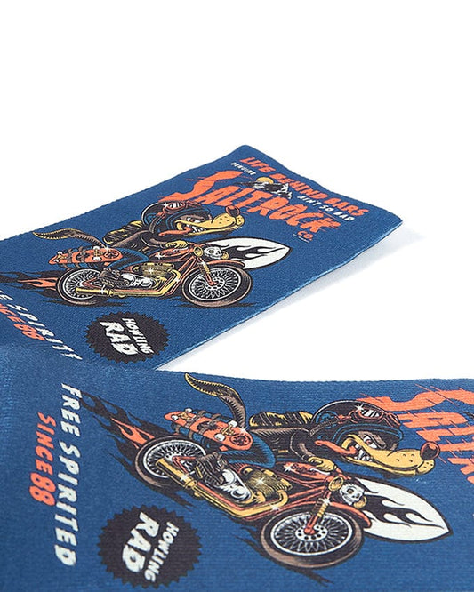 A pair of Saltrock Free Spirit - Kids Socks - Blue with an image of a motorcycle on them.