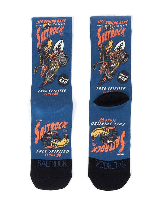 A pair of Free Spirit - Kids Socks - Blue with an image of a motorcycle by Saltrock.