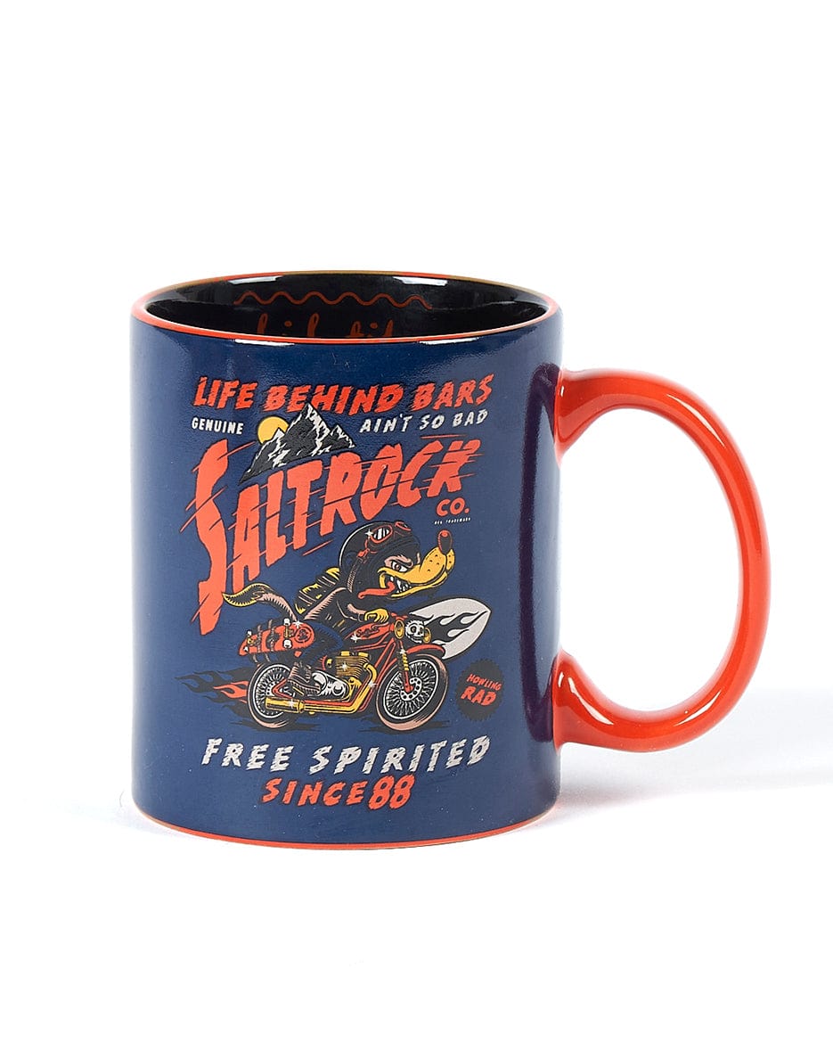 A Free Spirit - Mug - Dark Blue from Saltrock with an image of a motorcycle on it.