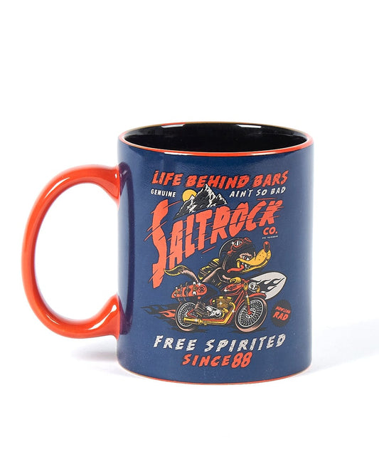 A Saltrock Free Spirit - Mug - Dark Blue featuring a motorcycle image.