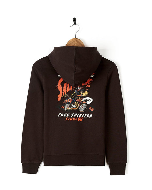 A Saltrock branded Free Spirit - Kids Pop Hoodie - Brown with a large printed graphic of a motorcycle on it.