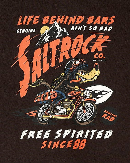 Upgrade your wardrobe with the Saltrock branded Life behind bars Free Spirit - Kids Pop Hoodie - Brown. This hoodie features a large printed graphic on the front and an open pocket for added style and functionality.