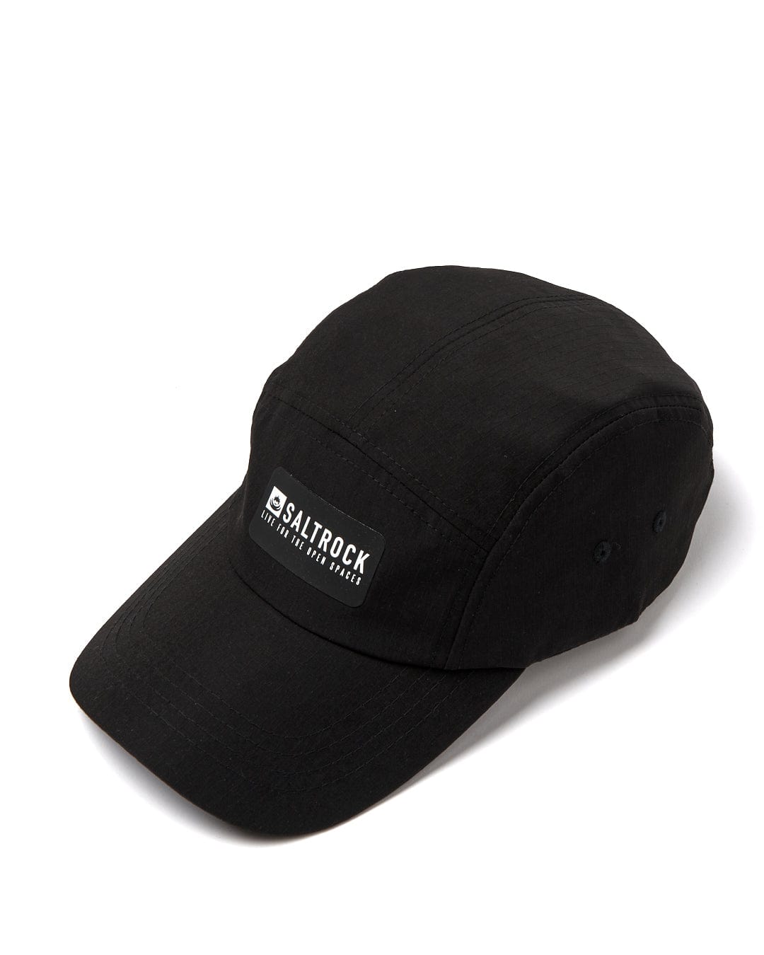 A black Gaitor 5 Panel UPF Cap with an adjustable strap by Saltrock.