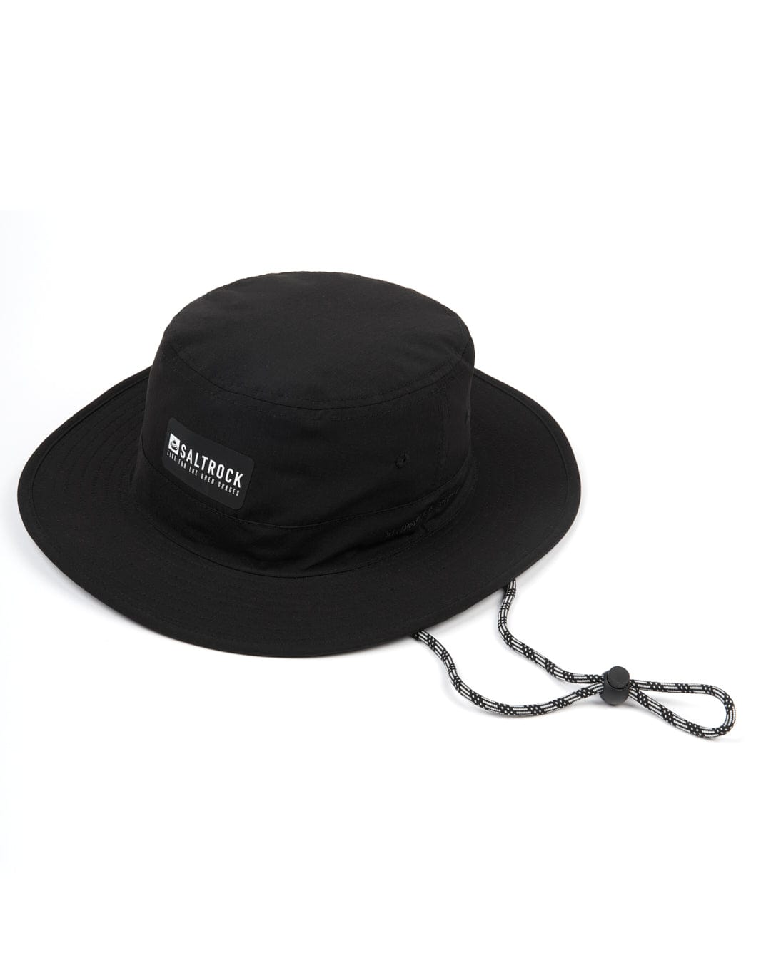 A black Saltrock bucket hat with UPF protection and a rope attached to it.