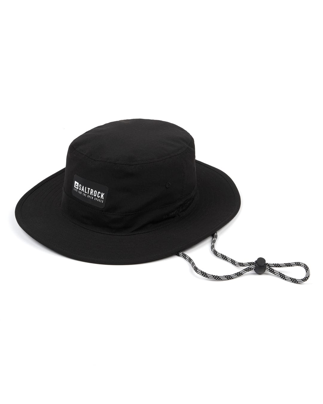 A black Saltrock bucket hat with a rope attached to it for UPF protection.