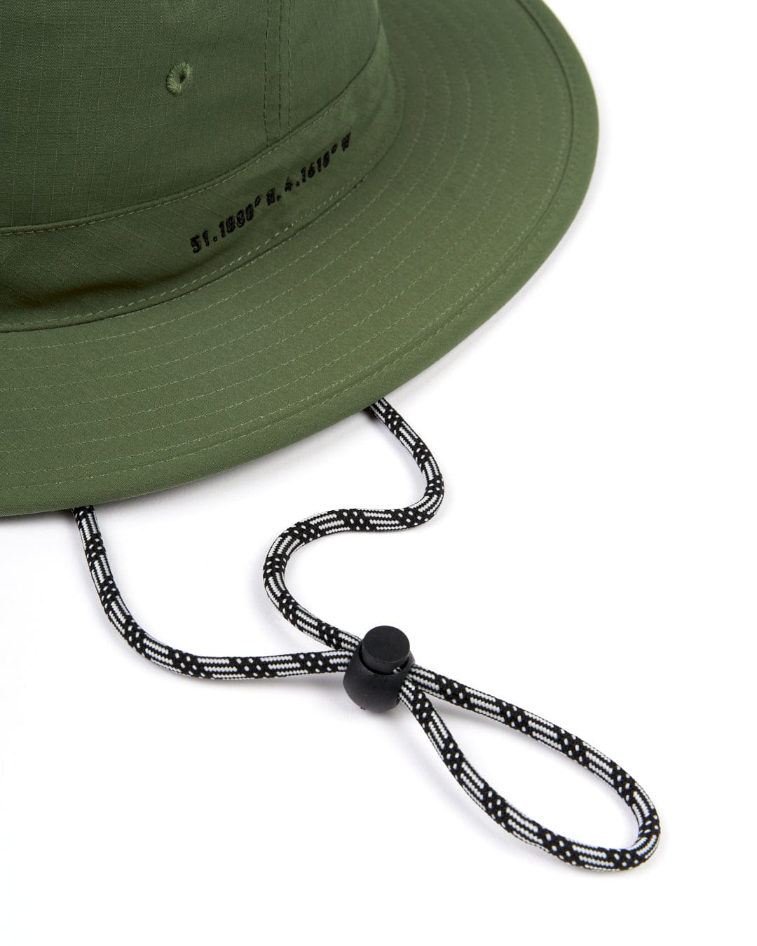 A Saltrock green gaitor with an adjustable drawstring chin strap attached.