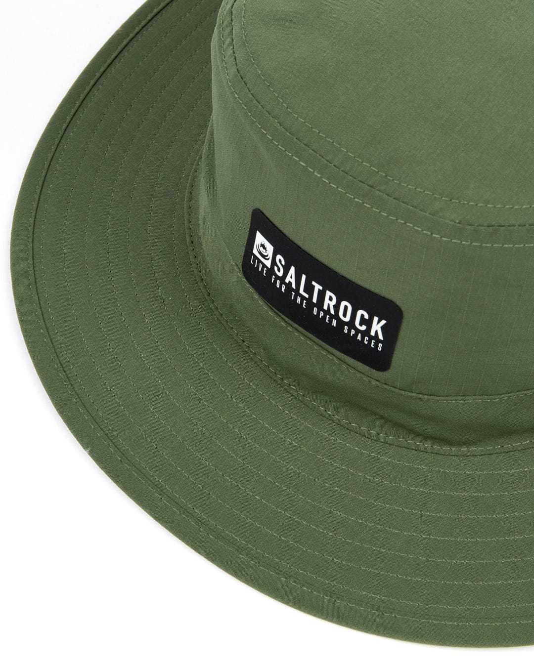 A Saltrock green Gaitor bucket hat with a logo and an adjustable drawstring chin strap.