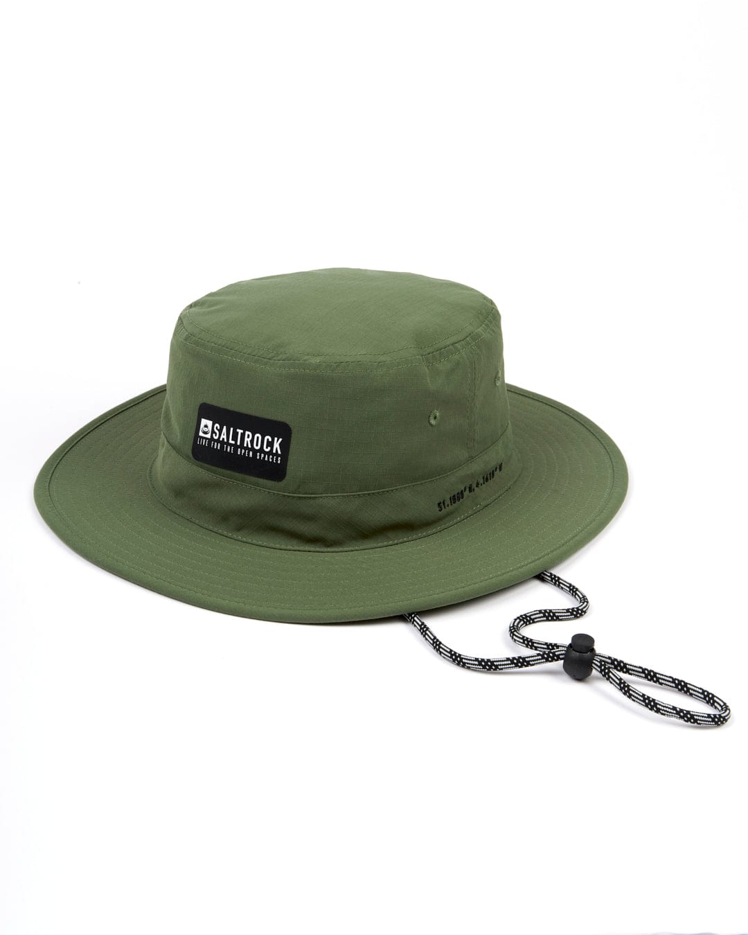 A Saltrock green bucket hat with an adjustable drawstring chin strap attached.