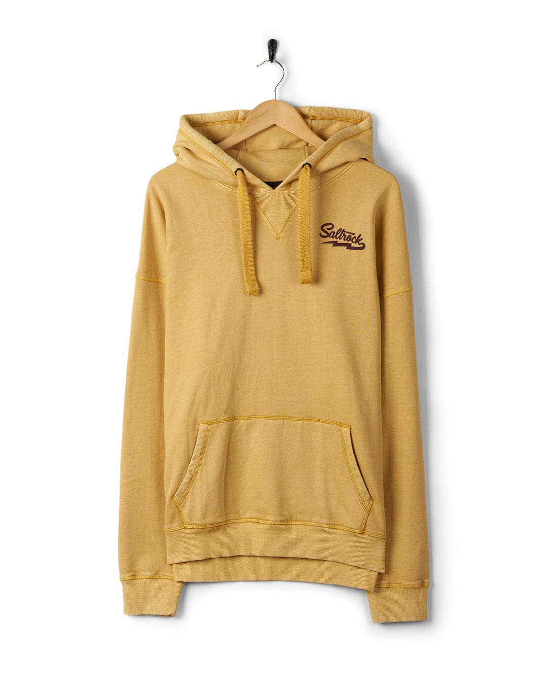 A Gas Station - Recycled Mens Pop Hoodie in Yellow with a kangaroo pocket and the word "sabotage" embroidered on the left chest, displayed on a hanger against a white background by Saltrock.