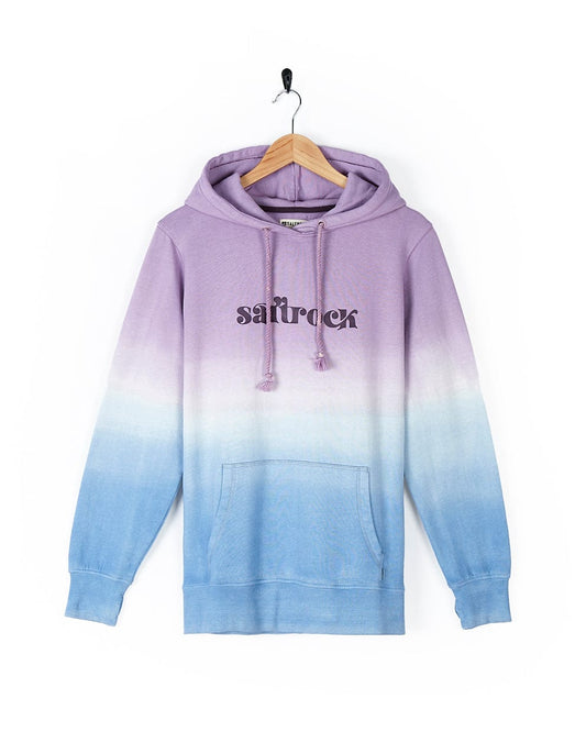 A cotton construction Saltrock Gemini - Womens Dip Dye Pop Hoodie - Purple with a drawstring hood and the word safflower on it.