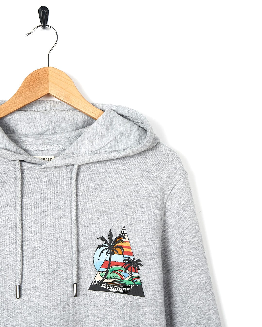 A Geo Beach - Mens Pop Hoodie - Grey with an image of a palm tree and a palm tree from Saltrock.