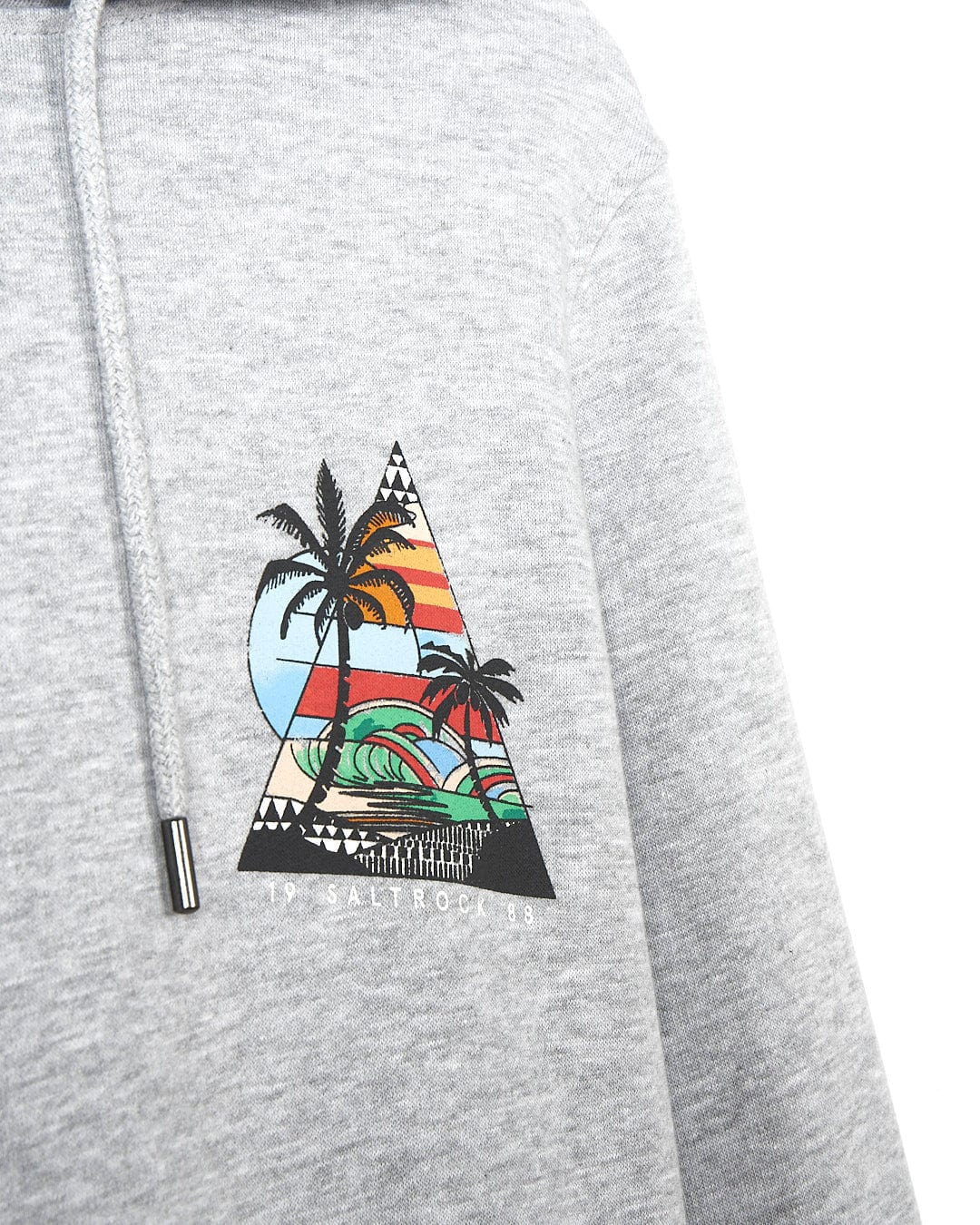 A Geo Beach - Mens Pop Hoodie - Grey with an image of a beach and palm trees made by Saltrock.