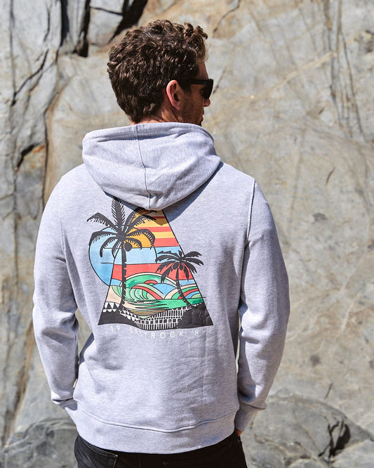 The back of a man wearing a Saltrock Geo Beach - Mens Pop Hoodie - Grey with a palm tree on it.
