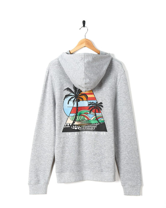 A Geo Beach - Mens Pop Hoodie - Grey with an image of a beach and palm trees by Saltrock.