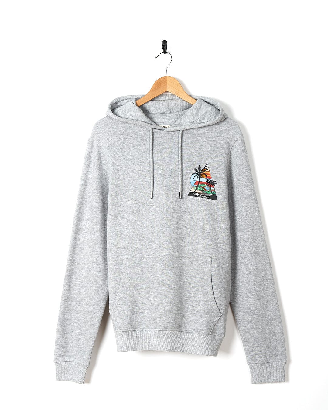 A Geo Beach - Mens Pop Hoodie - Grey with a palm tree embroidered on it by Saltrock.