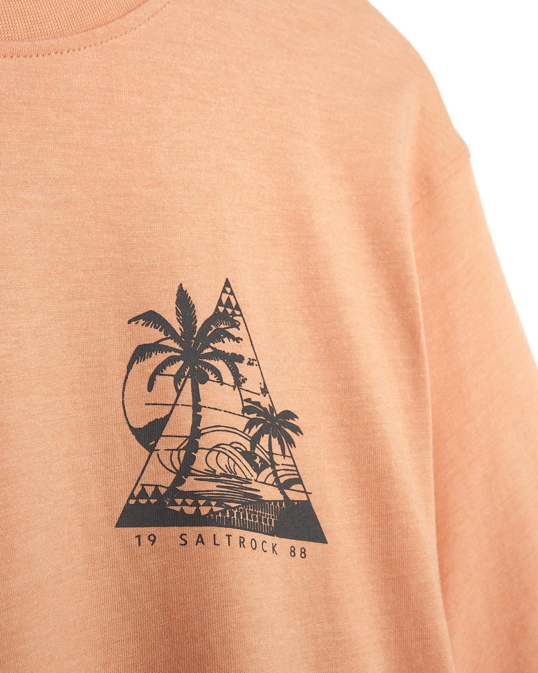 A Geo Beach - Mens Short Sleeve T-Shirt - Coral by Saltrock with a palm tree and a palm tree on it.