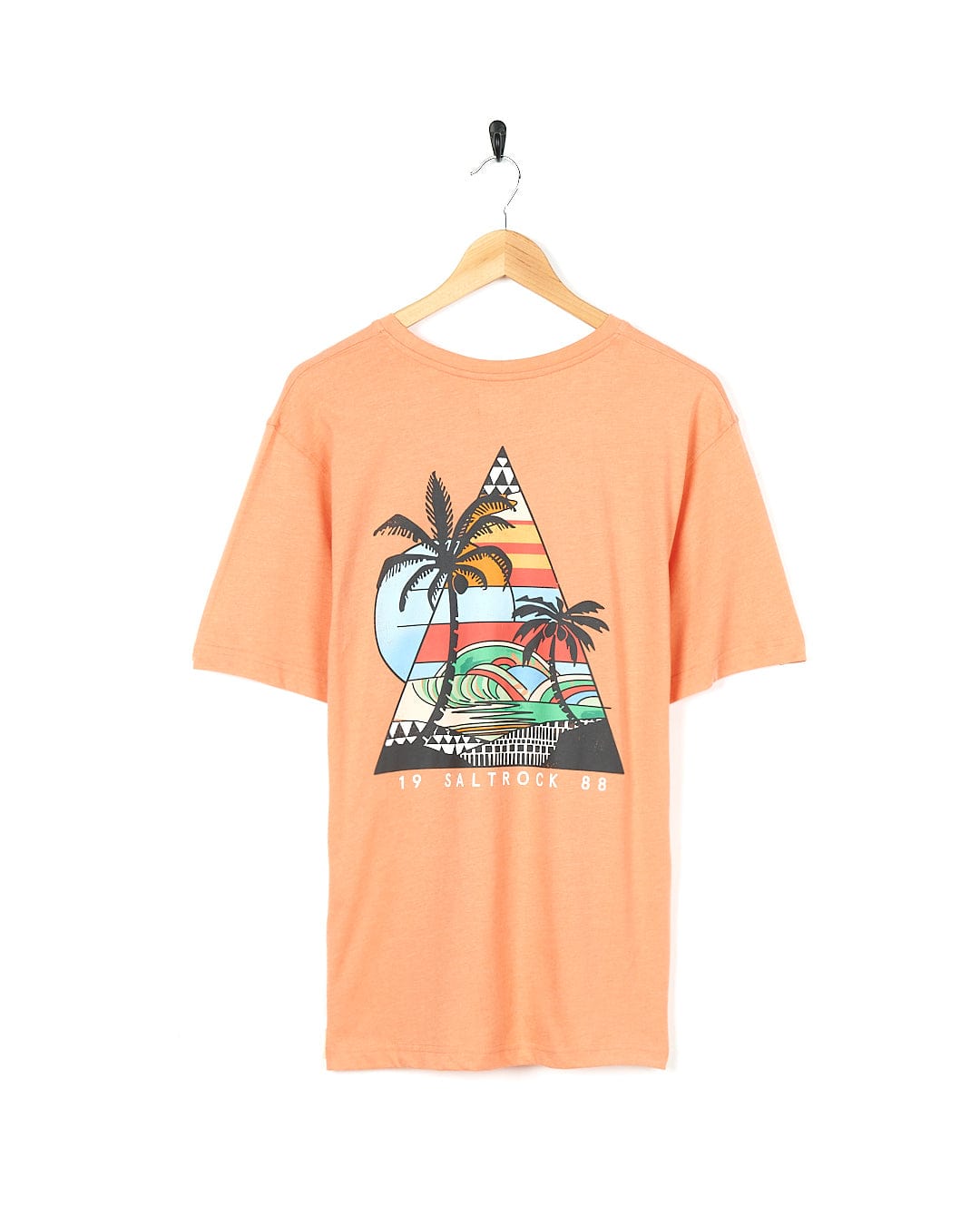 A Geo Beach - Mens Short Sleeve T-Shirt - Coral by Saltrock with a palm tree and a surfboard on it.