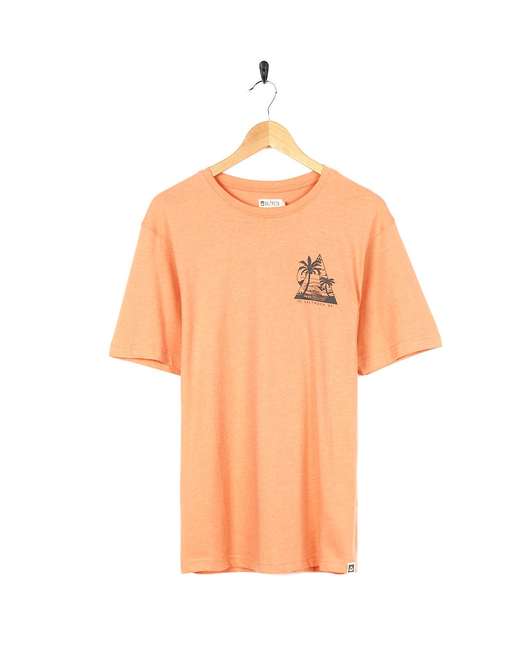 A Geo Beach - Mens Short Sleeve T-Shirt - Coral by Saltrock with a palm tree on it.