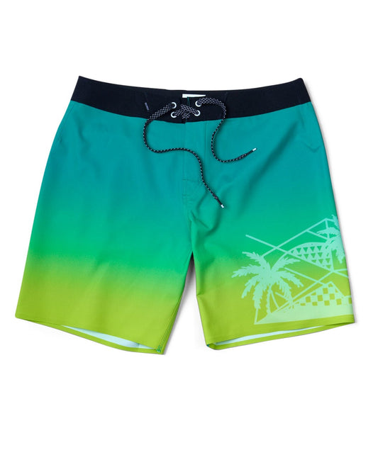 A pair of Geo Palms - Mens Boardshorts - Green swim trunks from Saltrock with an ombre palm print.