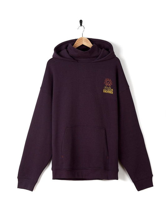 A Geo Peak - Mens Oversized Snood Pop Hoodie - Dark Purple with a gold logo on it. (Saltrock)
