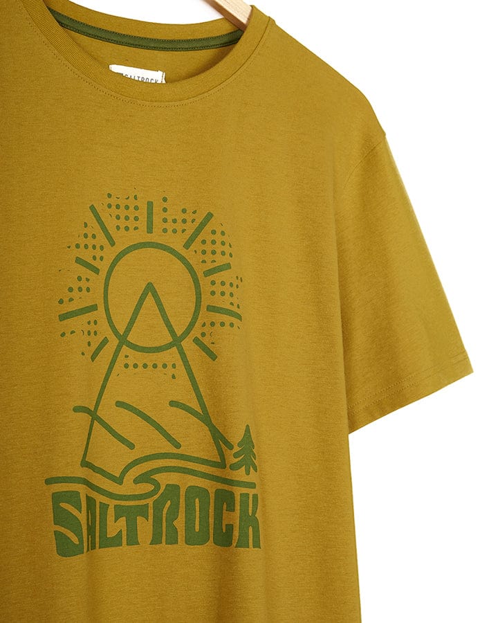 A Saltrock Geo Peak - Mens Short Sleeve T-Shirt - Yellow with an image of a mountain and a sun.
