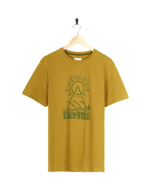A Saltrock yellow Geo Peak - Mens Short Sleeve T-Shirt with an image of a mountain and a sun.