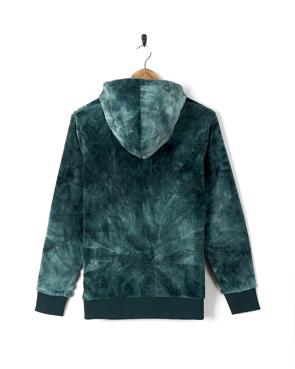 A Saltrock Gracie - Womens Tie Dye Velour Pop Hoodie - Dark Green hanging on a hanger.