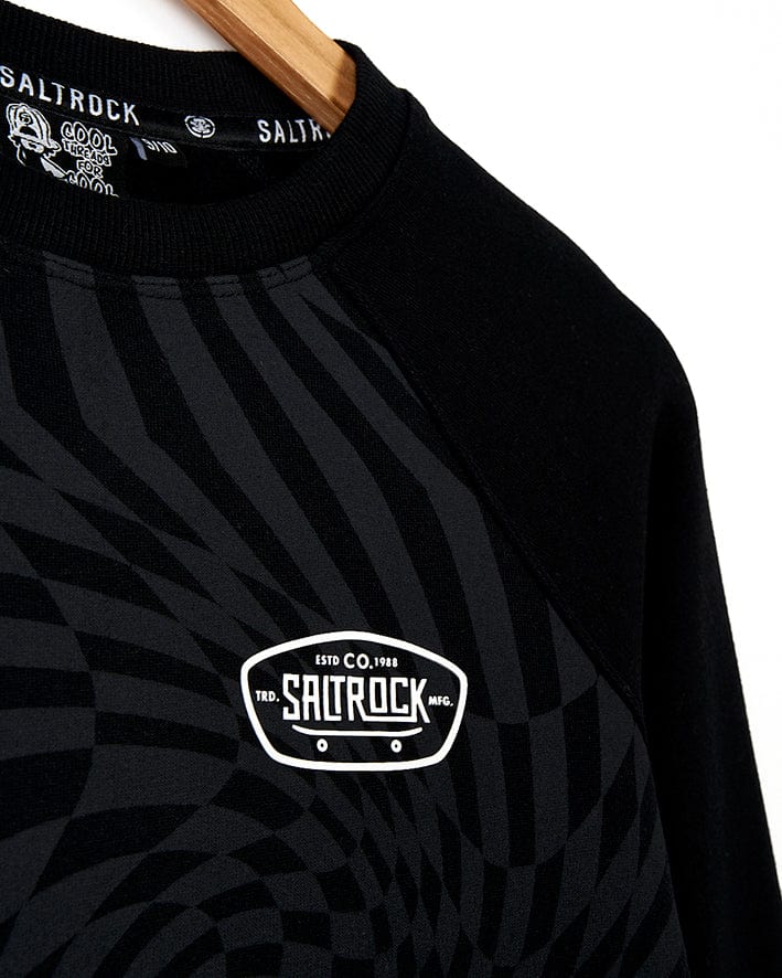 A black sweatshirt with a Saltrock Grip It - Kids Crew Neck Sweat - Black logo on it.