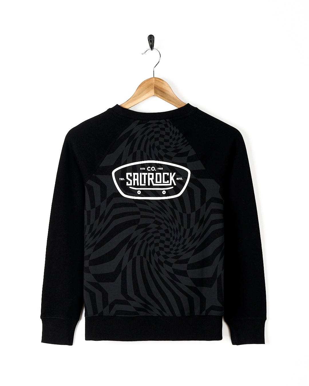 A black sweatshirt with the word Saltrock on it featuring a geometric print.