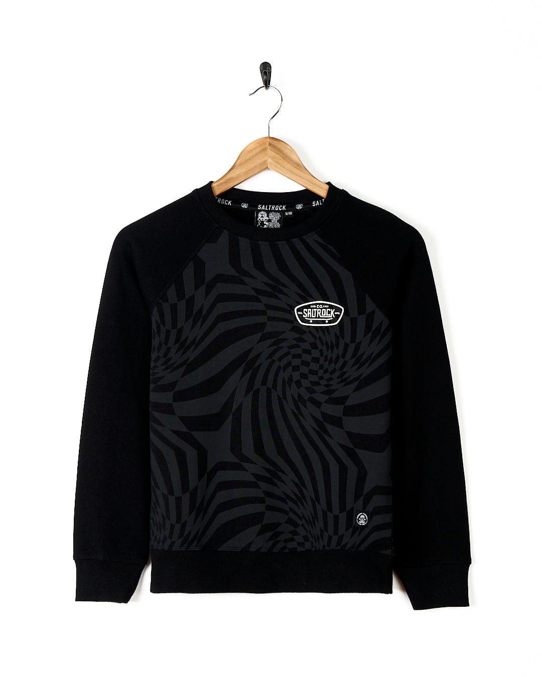 A Grip It - Kids Crew Neck Sweat - Black sweatshirt with a geometric zebra print by Saltrock.