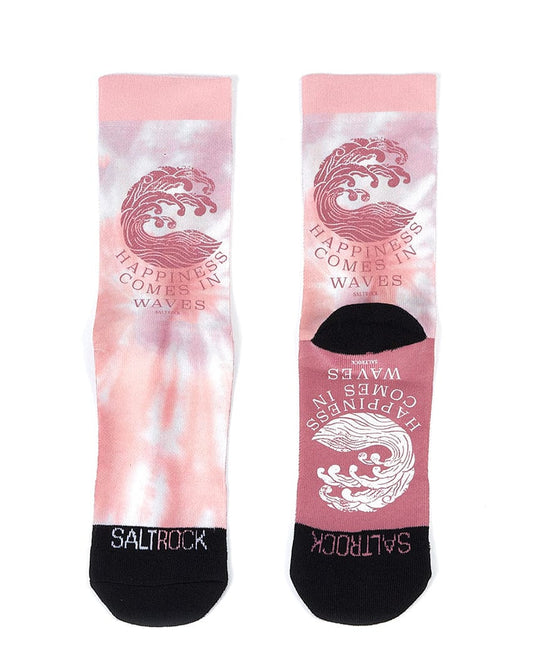 A pair of Happiness - Womens Socks - Pink by Saltrock with a wave design on them.