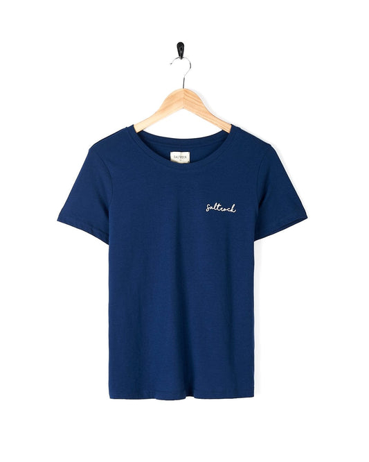 A Happiness Velator - Womens T-Shirt - Navy with a white logo on it from Saltrock.