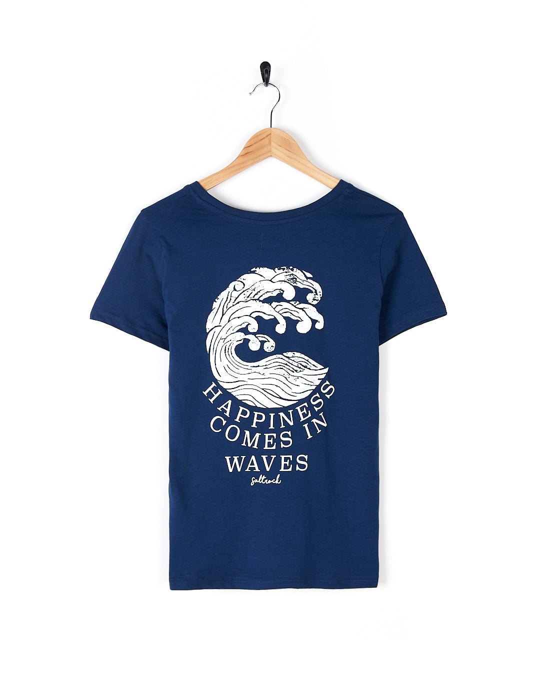 A Saltrock Happiness Velator - Womens T-Shirt - Navy that says happiness comes in waves.