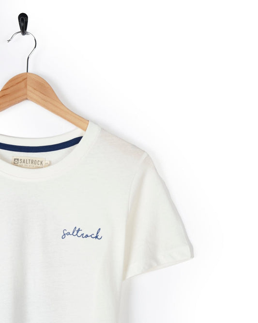 A Happiness Velator - Womens T-Shirt - White with the word 'beautiful' embroidered on it by Saltrock.