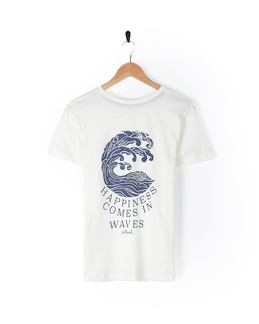 A Saltrock white t-shirt that says Happiness Velator comes in waves.