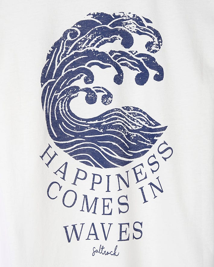 A Saltrock Happiness Velator - Womens T-Shirt - White that says happiness comes in waves.