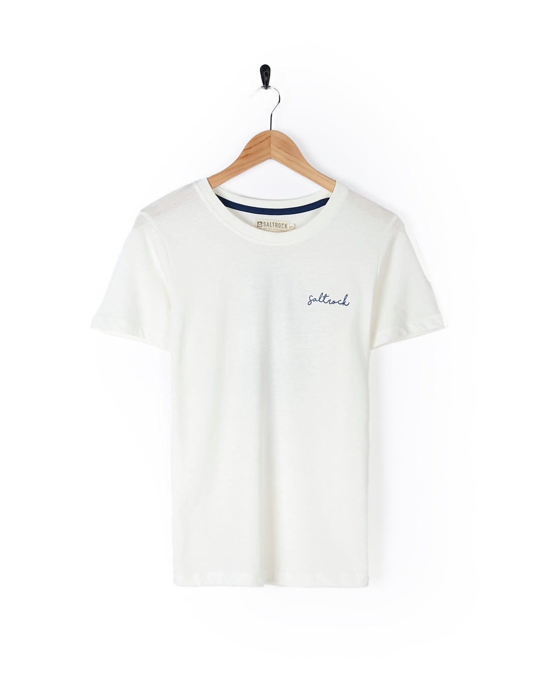 A Happiness Velator - Womens T-Shirt - White with a blue logo on it by Saltrock.