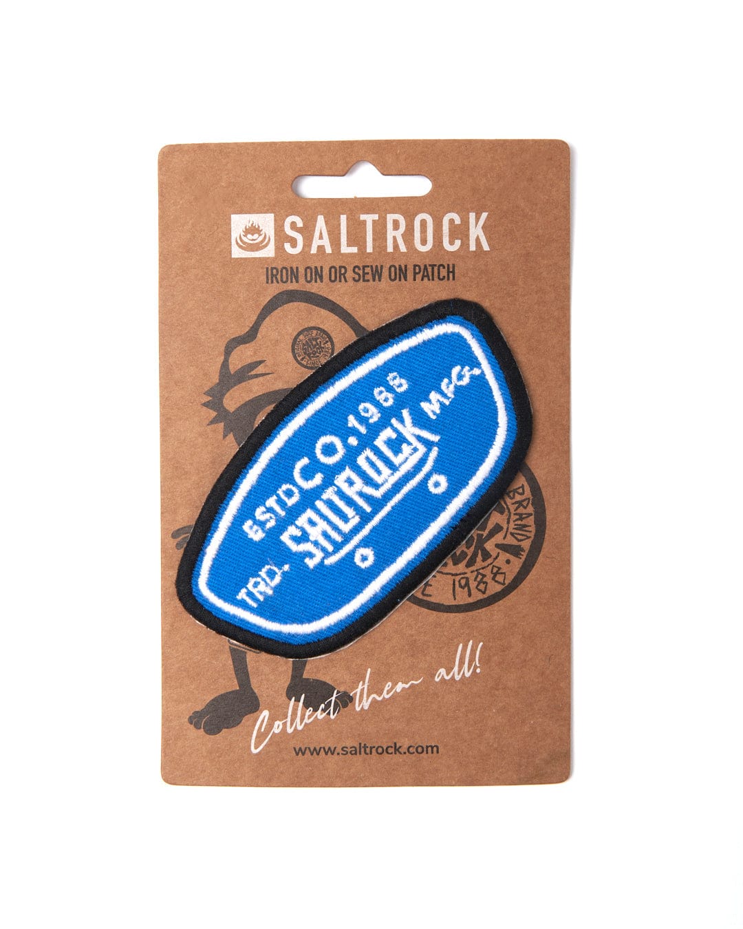 An embroidered blue Hardskate patch with the word Saltrock on it.