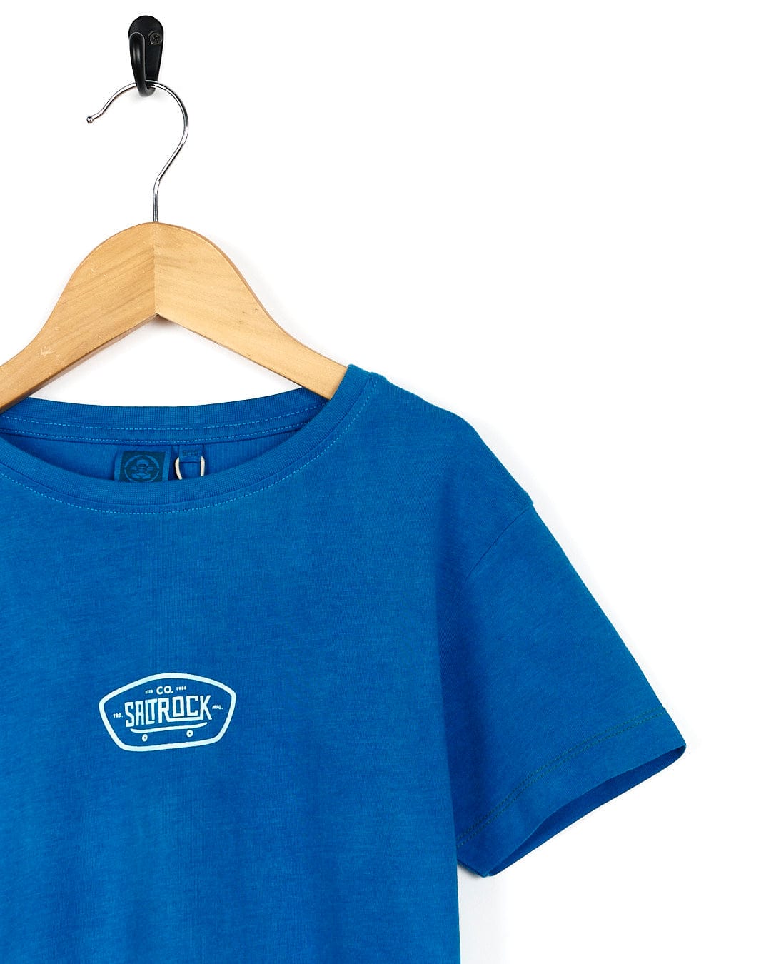 A blue Hardskate - Kids Tie Dye Short Sleeve T-Shirt with the Saltrock logo on it.